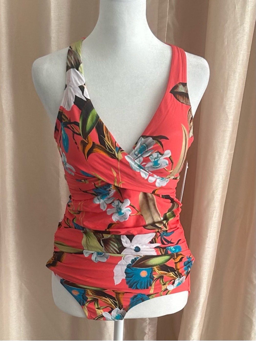 NWT Jantzen Adjustable Strap V-Neck Tankini w/ Comfort Brief Coral Botanical 6
